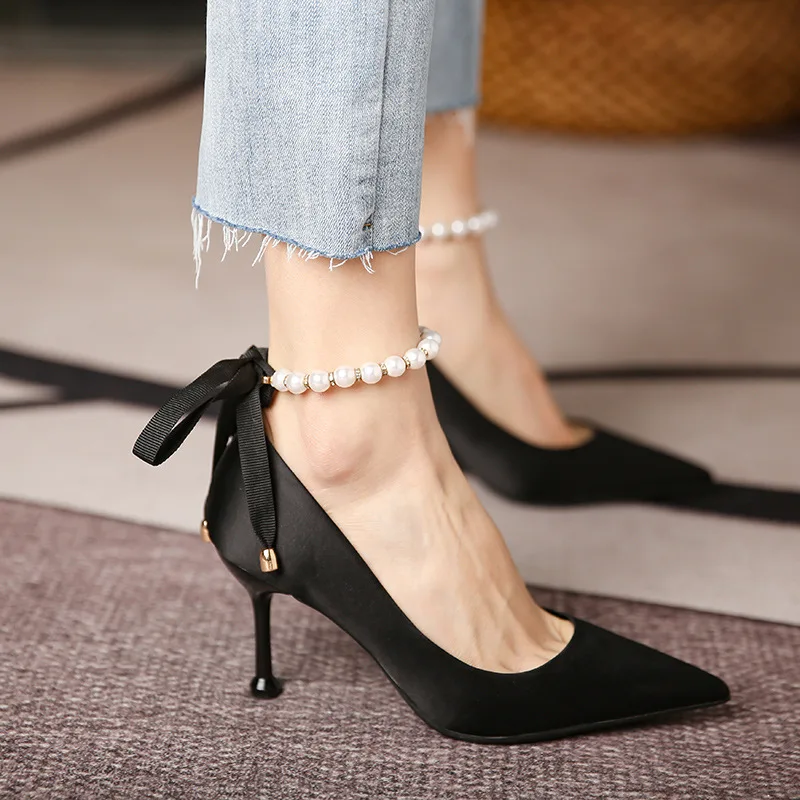 

Women Stiletto Pumps Fashion Design Black White Casual Wedding Party Pearl Butterfly Strap High Heels Ladies Sexy Shoes RB135