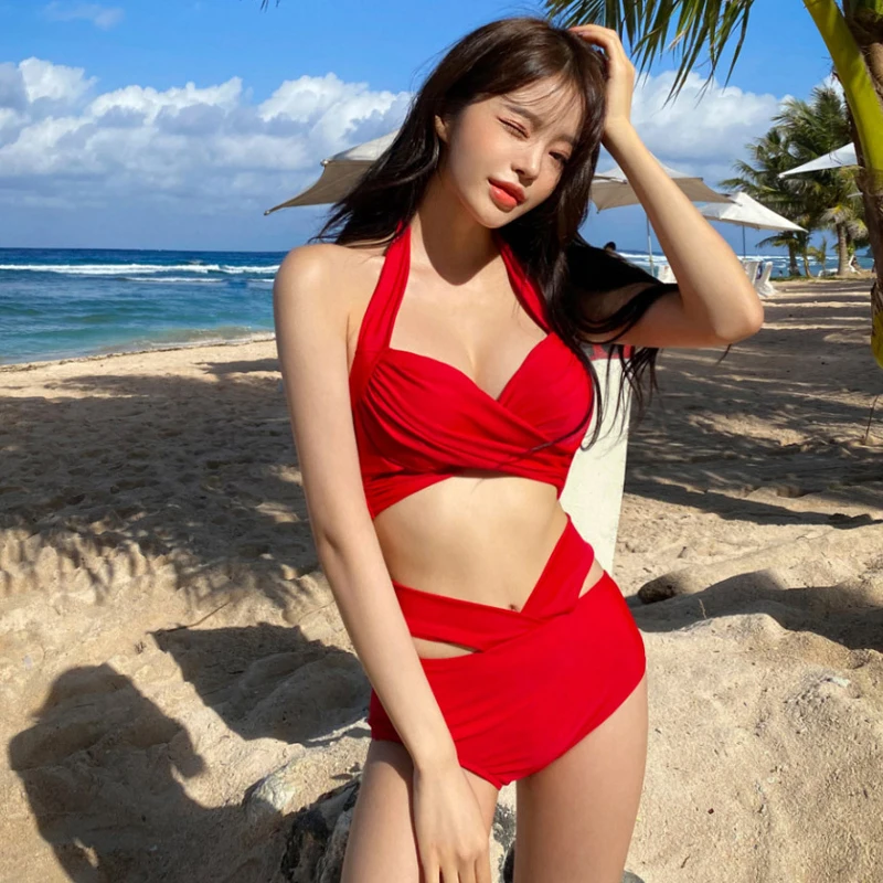 

2021 Trendy Summer Swimwear Women Sexy Two-Pieces Bikini Set Solid Color Halter Lace-up Padded Push Up Swimsuit