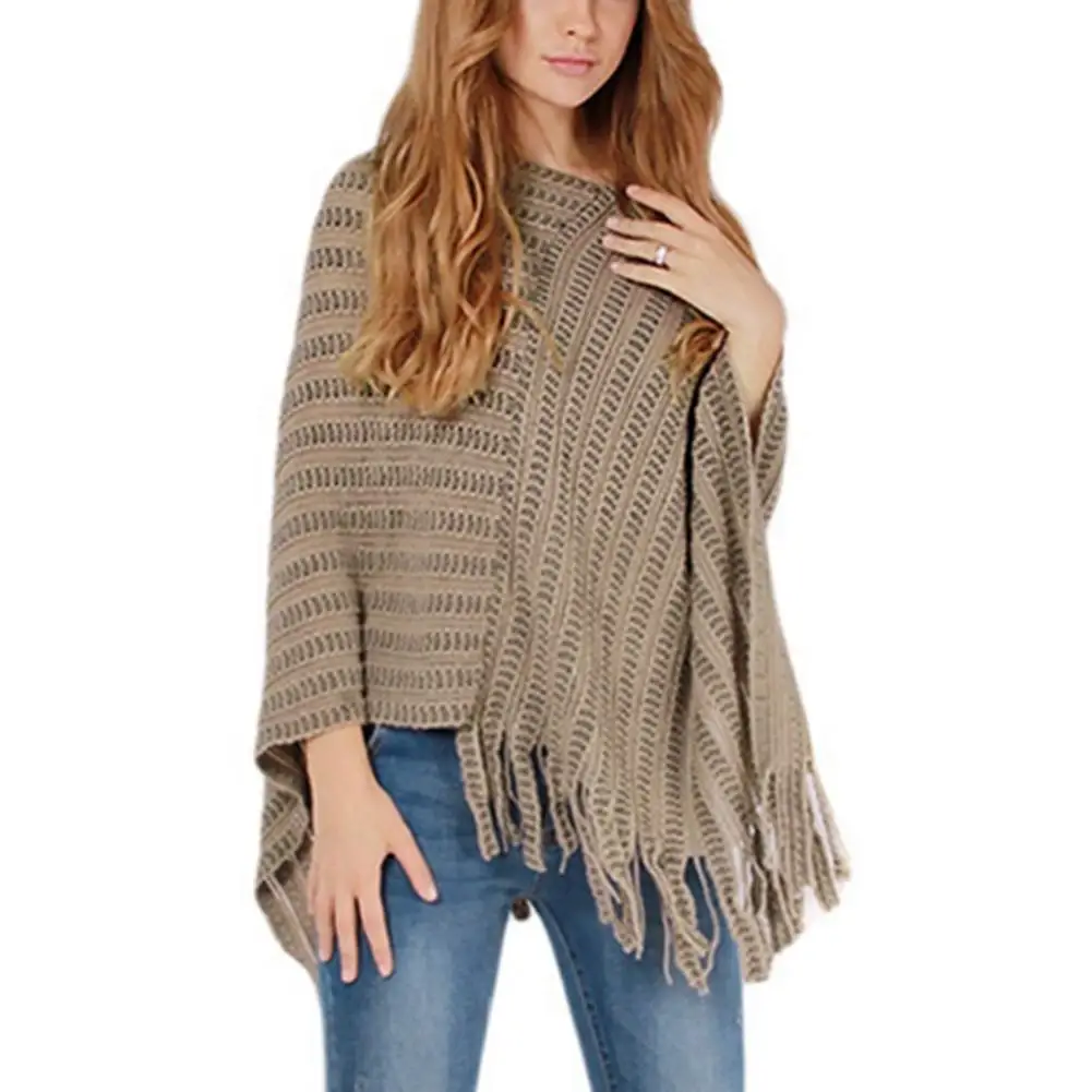 Новое дамское зимнее теплое пальто полосатая шаль с бахромой вязаный свитер плащ