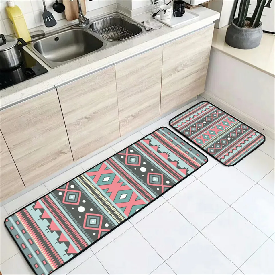 Зелено-черный набор ковриков для кухни и спальни в геометрическом и цветочном стиле, винтажный ковер для двери, антискользящие ковры.