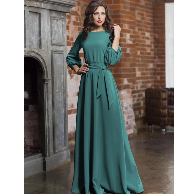 

Women Elegant Party Dress Lantern Sleeve O Neck Sashes Solid Dress 2021 Women Autumn Maxi Long Party Dress