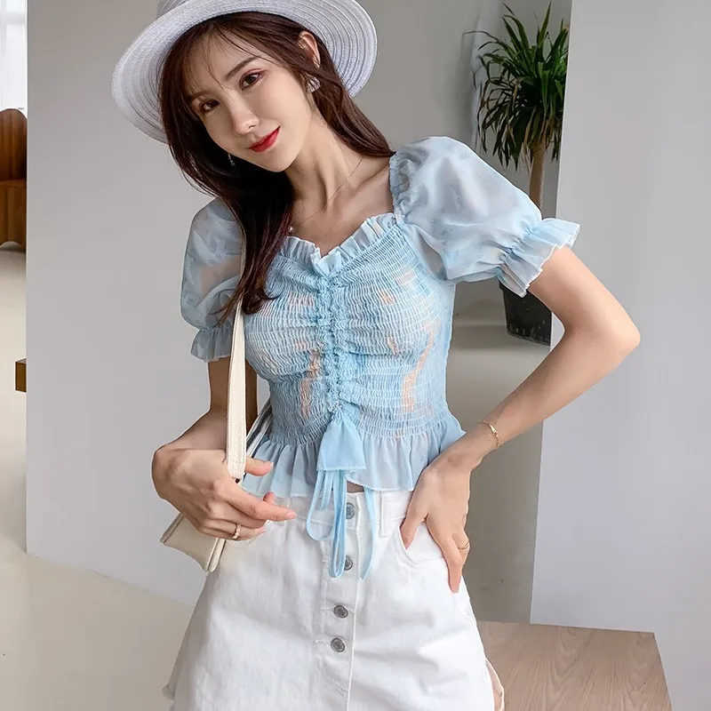 

2020 Summer Women Sweet Chiffon Blouse Fashion Pleated Contrast Square Collar Short Shirt Tops Korean Style Shirt New