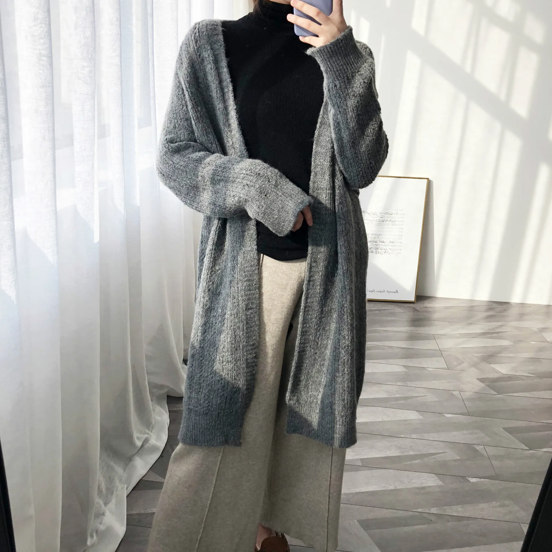 

Spring Loose Gray Long Knitwear Stitch Casual High End Grey Cardigan Hollow Sweater Female Fluffy Blend Knitted Girls Grey Tops