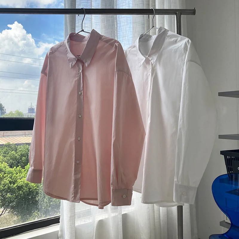 

Autumn Pink Top Shirts Cotton Solid Color Long Sleeve White Oversized Sexy Bf Shirt For Korean Style Women Womens Tops
