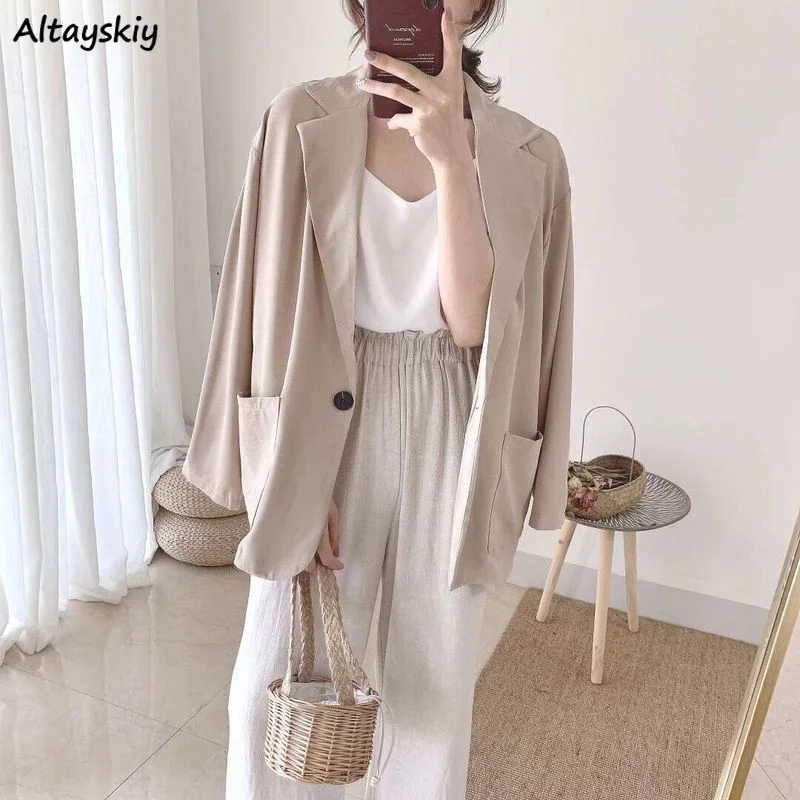 

Women Blazers Long Sleeve Summer Thin Outwear Single Button Notched Female Elegant Office Business Ladies All-match Loose Casual
