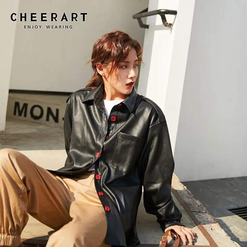 CHEERART Черная куртка из искусственной кожи Женское пальто размера плюс с красными
