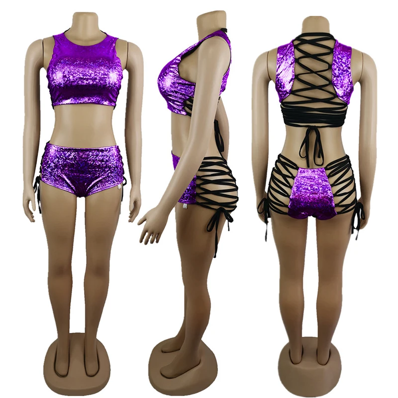 

Girl Crop Top And Hot Shorts Outfits Women Shiny 2 Piece Sets Sexy Lace Up Festival Party Rave Clothing Two Piece Set