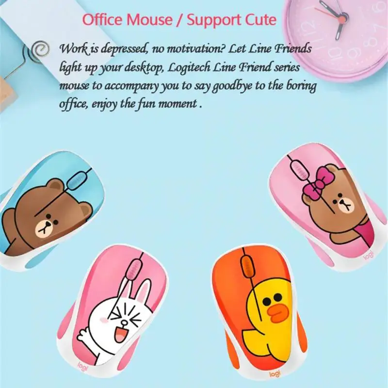 Беспроводная мышь logitech LINE FRIENDS, 2,4 ГГц, мини-цветная мультяшная usb-приемник, оптическая сенсорная игровая мышь для офиса, для ПК, ноутбука