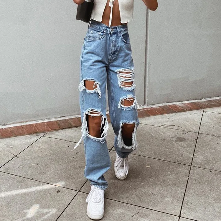 

HAOOHU 2020 new women's ripped jeans pants fashion high street solid high waist hole slim loose denim full Straight pants