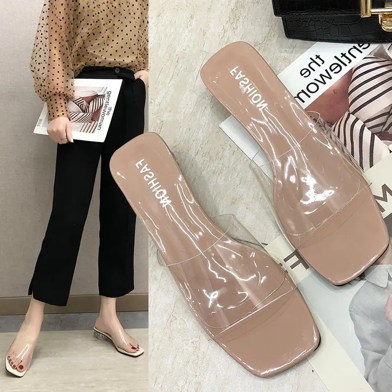 Прозрачные тапочки мюли без задника с открытыми пальцами Сезон лето женская