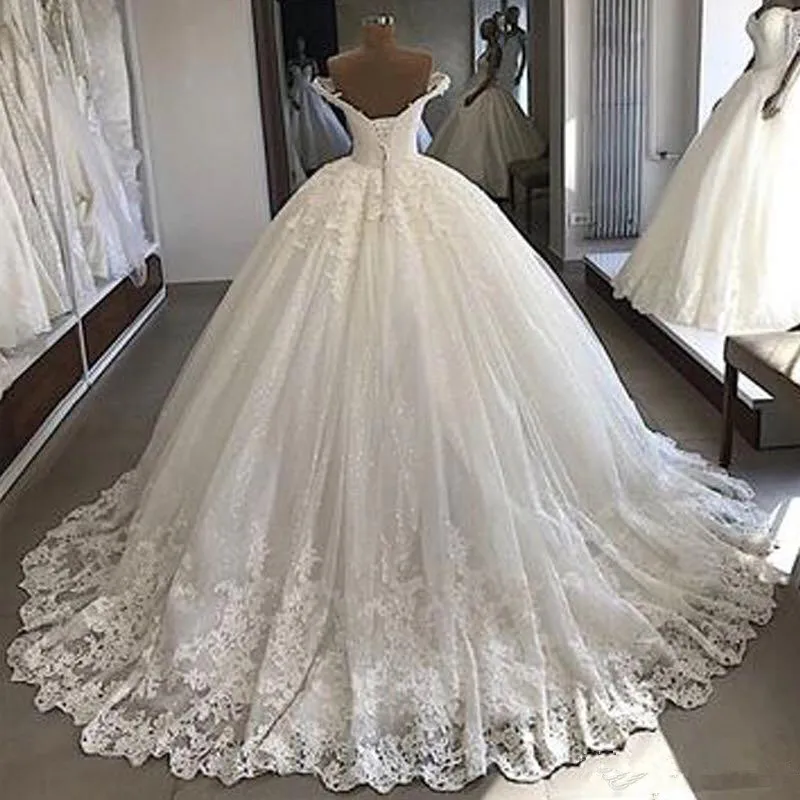 Elegant White Off Shoulder Wedding Dress Ball Gowns Lace Bottom Appliques Bridal Formal Long Puffy Dresses Custom | Свадьбы и