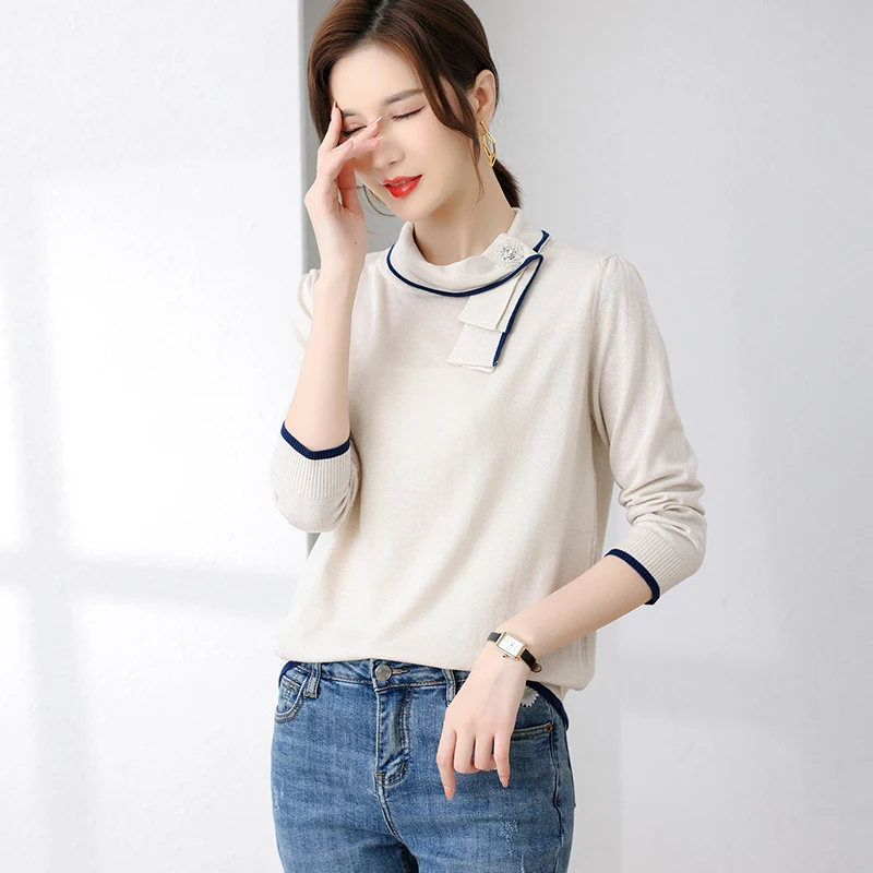 

2021 women clothing New Knitted Top Women's Sleeve Thin Half-high Collar Knitted Bottom Shirt