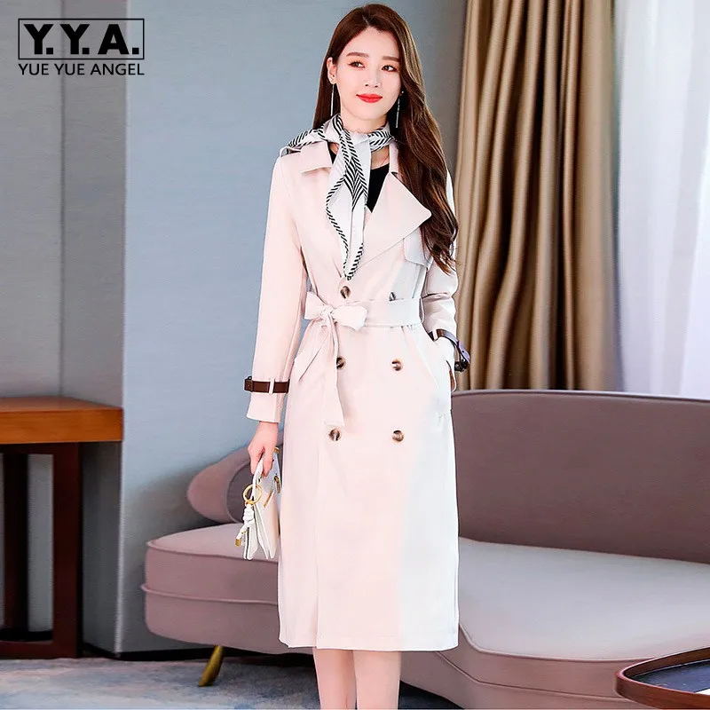 

England Style Medium Long Windbreakers Women Office Casual Slim Fit Sashes Double Breasted Trench Coat Full Sleeve Overcoat