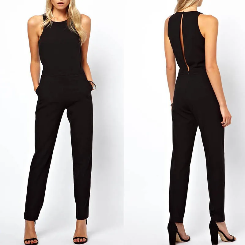 

Pop Summer Women Sleeveless Jumpsuit Casual Solid Bodysuit Crew Neck Long Playsuits Jumpsuits Pop 88
