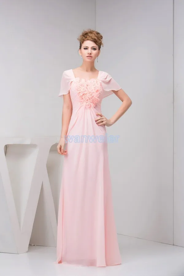 

free shipping 2014 new design hot seller cap sleeve custom size/color evening gown handmade flowers pink plus size evening dress