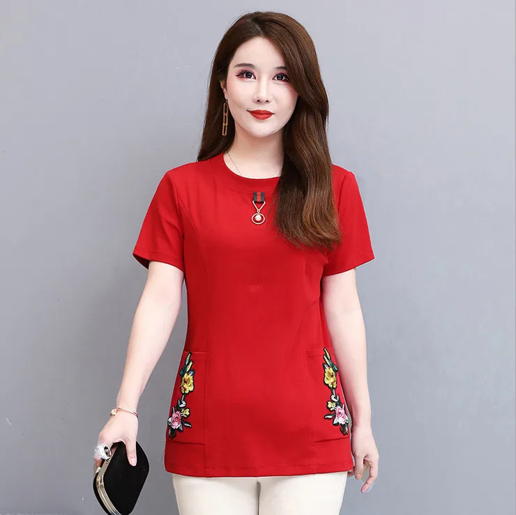 Футболки с коротким рукавом женская рубашка вышивкой и карманами летние новые