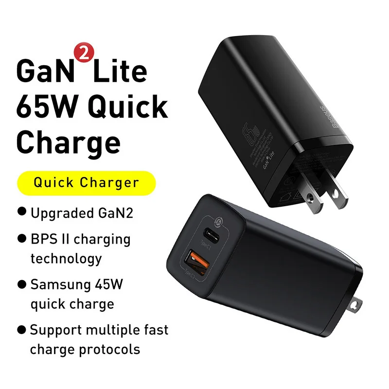 

Baseus 65W GaN USB Charger US Plug Quick Charge 4.0 3.0 PD Fast Phone Charger Dual USB Ports Charger ForSamsung ForiPhone Laptop