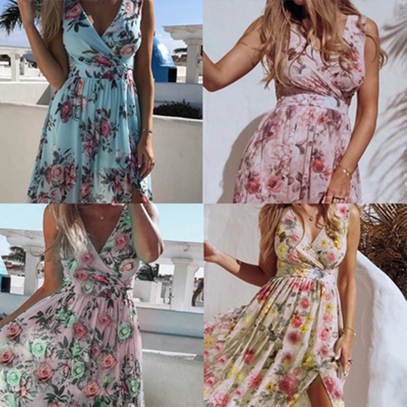 

traf za women 2021 summer print sleeveless holiday beach split dress trf urbano sukienka zarina shein магазин robe xnwmnz femme