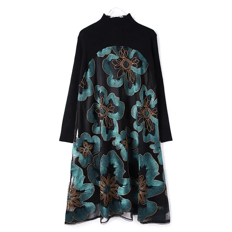 

Wool Small High Collar Loose Dress Female New Autumn Chinese Style Long Sleeve Embroidered Lady A-line Dress M-3XL