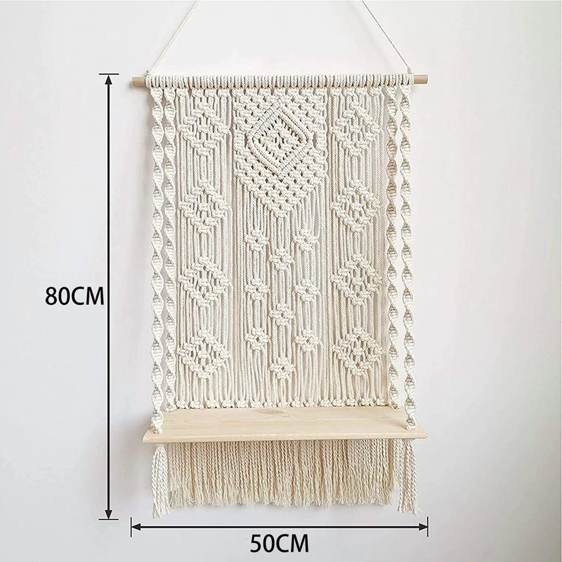 

2 Piece Set of Macrame Wall Hanging Shelf for Plants + Large Wall Hanging Boho Bedroom Decor Plant Shelves Decorations