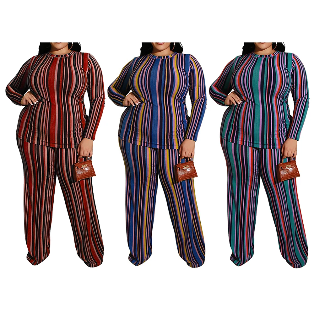 

Striped Printed 2 piece set Knit Fashion Casual Suit Large Size Women's Clothing