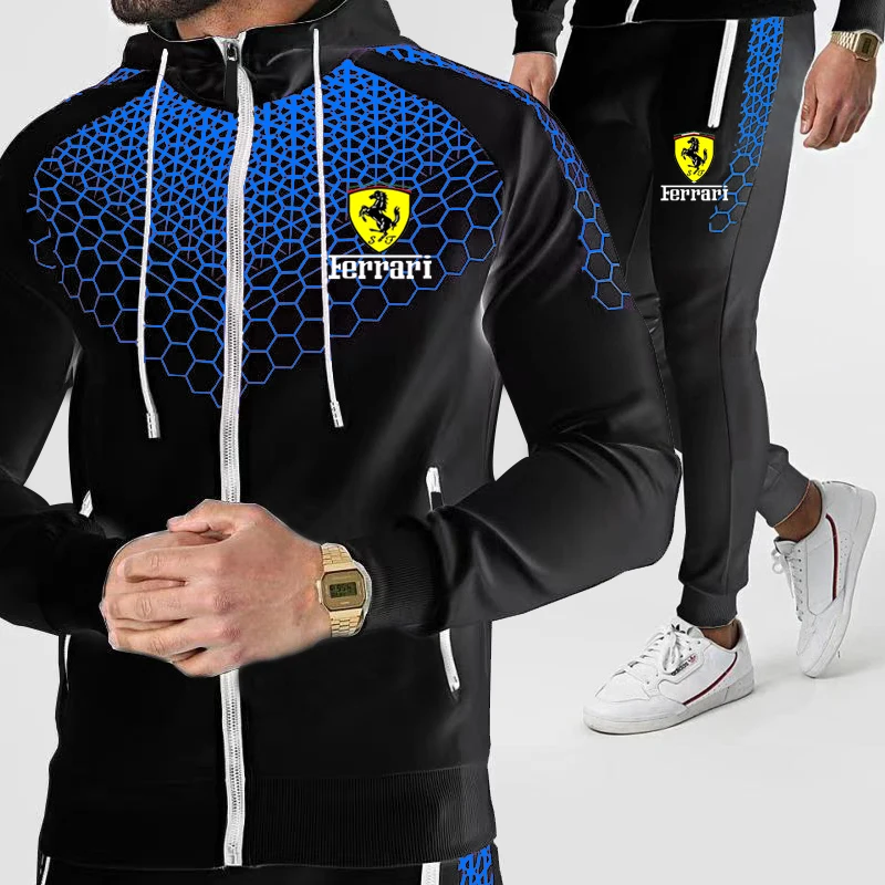 

2021 winter new splicing jogging sportswear zipper hoodie + pants 2-piece set of men's sportswear sports suit
