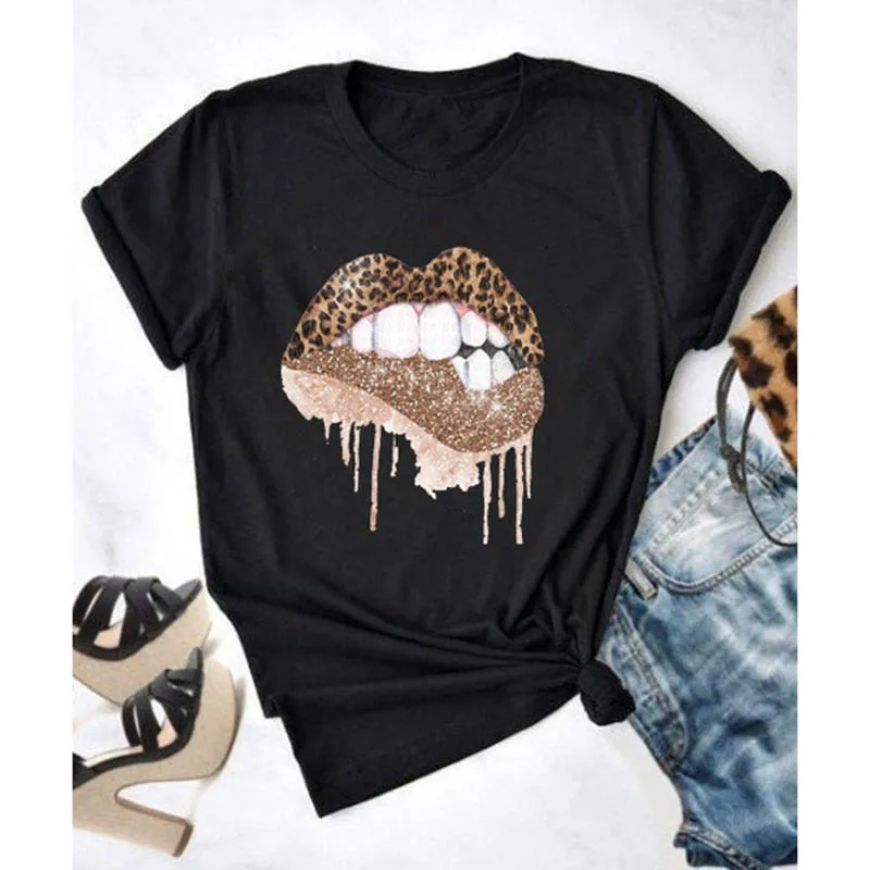 Женская футболка с рисунком губ и леопарда топы круглым вырезом camisa черные