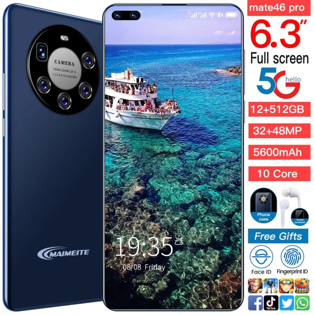 

mate46 pro Smartphone 6.3 inch Ultrathin Cheap Phone HD3040x144012GB+512GB High capacity Full Screen Celular 23MP+48MP Poco теле