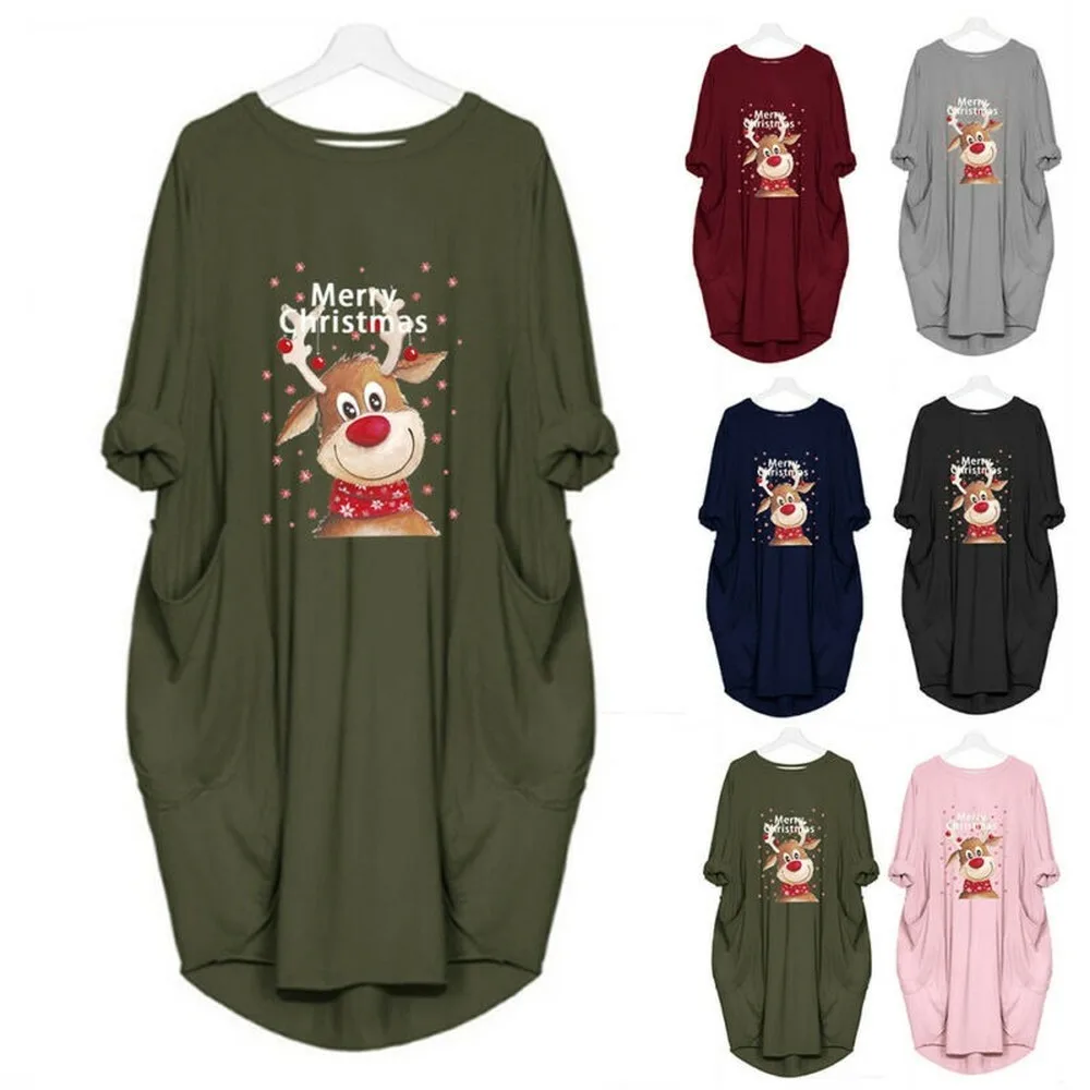 

Womens Round Neck Short Sleeve Cute Elk Printed Casual Loose T-shirt Dress New