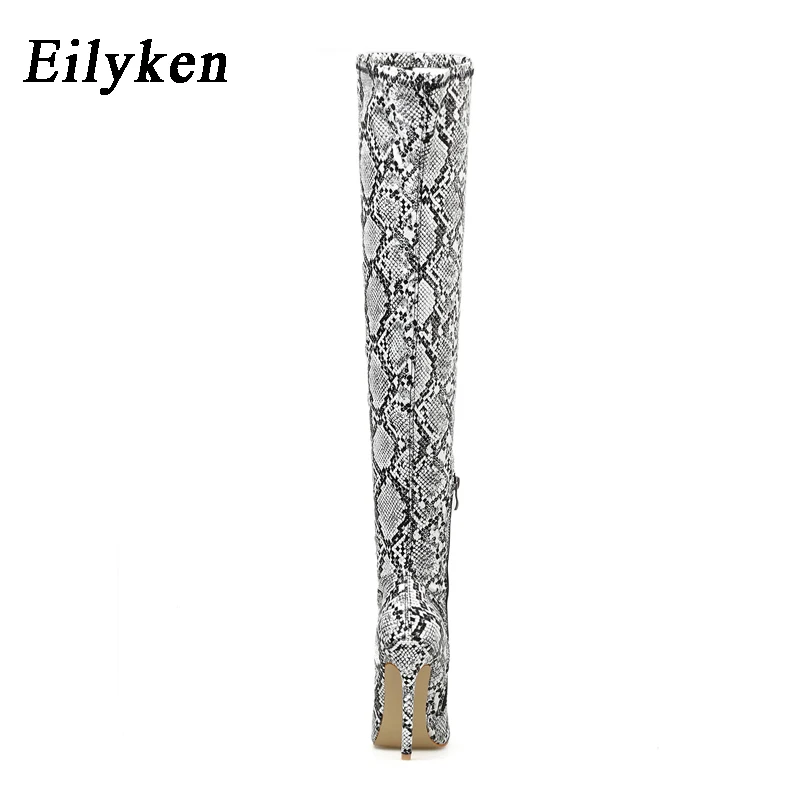 Eilyken/женские модные ботфорты выше колена; высокие сапоги из змеиной кожи; сапоги на высоком тонком каблуке с острым носком на молнии; коллекция года; сезон зима