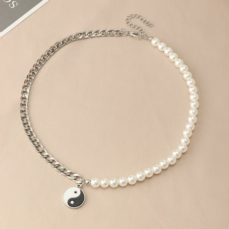 Trendy Hiphop/Rock Geometric Necklaces Womens Pearl Tai Chi Yin and Yang Gossip Alloy Pendant Jewelry for Party | Украшения и