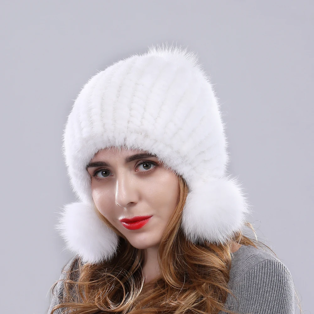 Зимняя женская шапка из натурального меха норки лисы помпонами теплая с ушами