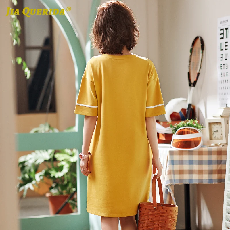 Korean Style Lady's Pajamas Yellow Printing Sleepshirt Long Shirt Womens Nightgowns Round Neck Knitted 100% Cotton Chic Homewear | Женская