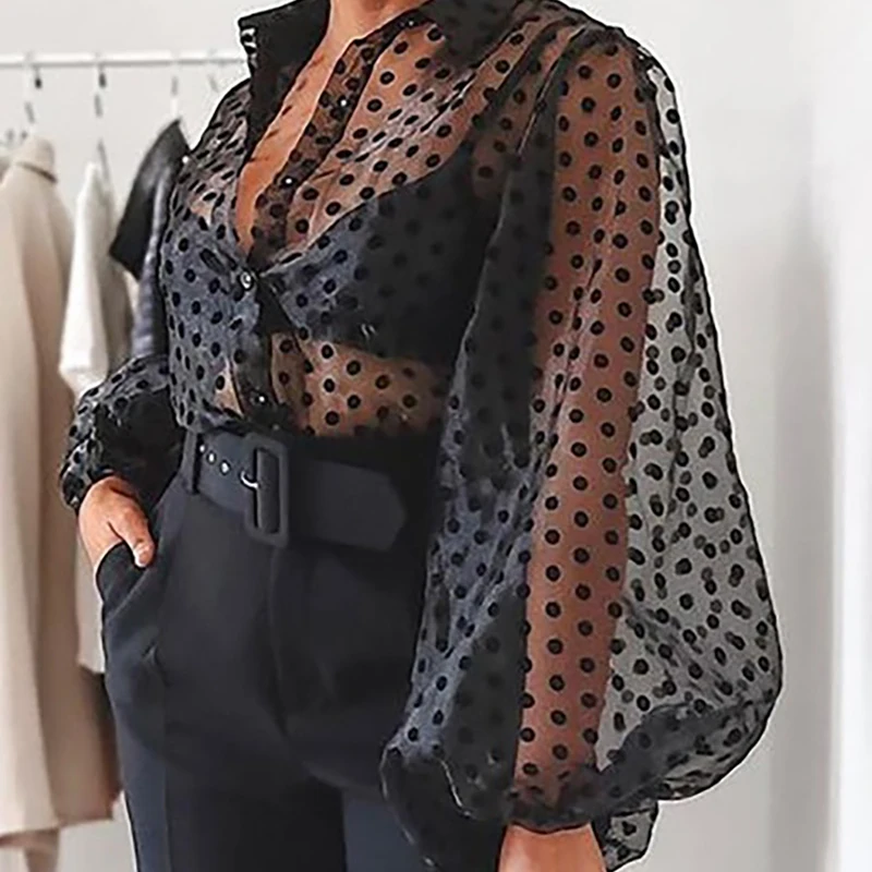 New Women Mesh Sheer Blouse See-through Lantern Long Sleeve Fashion Pearl Button Transparent White Shirt Female Blusas | Женская одежда