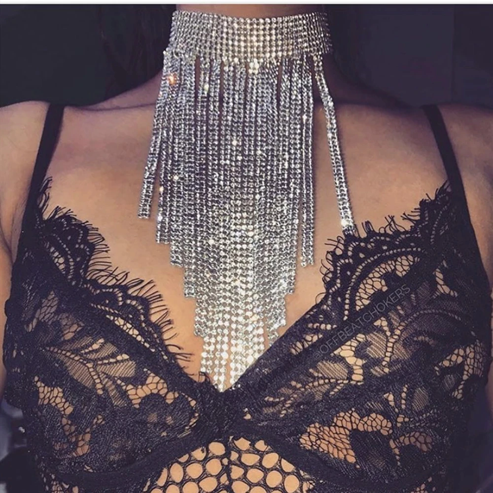 

Bling с длинной бахромой цепочка чокер со стразами для женщин; Пикантные Роскошные ювелирные изделия с украшением в виде кристаллов, кораллов...