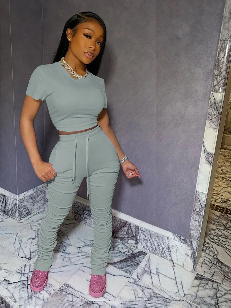 

Women cropped t shirt+stacked pants joggers women set wholesale stacked leggings matching sets pink yellow black tracksuit