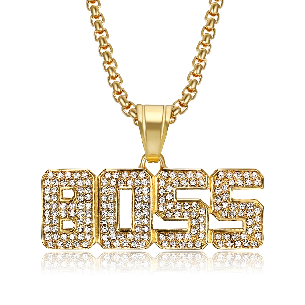 

Hip Hop Iced Out Bling Boss Letter Necklace Gold Color Stainless Steel CZ Pendant & Chains for Men/Women Jewelry Dropshipping