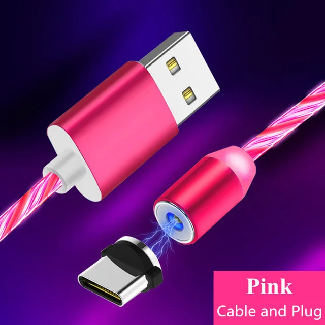 Магнитный струящийся светодиодный mi cro USB кабель для Xiao mi Xio mi 8 Lite 9 se Red mi 5A 6A 4A 4X S2 5 Plus Note 5 6 7 8 Pro магнитные кабели - Цвет: Розовый