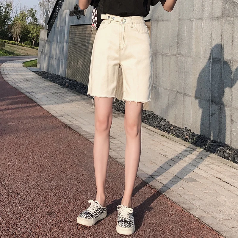 

gray jean shorts women summer denim short Tassel Solid Casual high waist shorts skyblue beige black street style plus size 2020