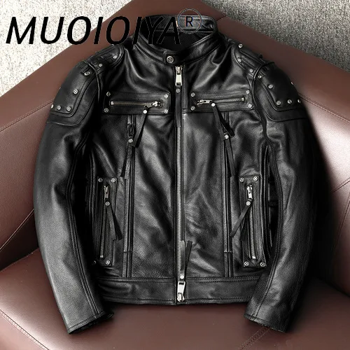 

MUOIOYIA 100% Real Leather Jacket Men Motorcycle Cow Leather Coat Plus Size Mens Clothing Short Men's Jackets 2022 Veste Homme