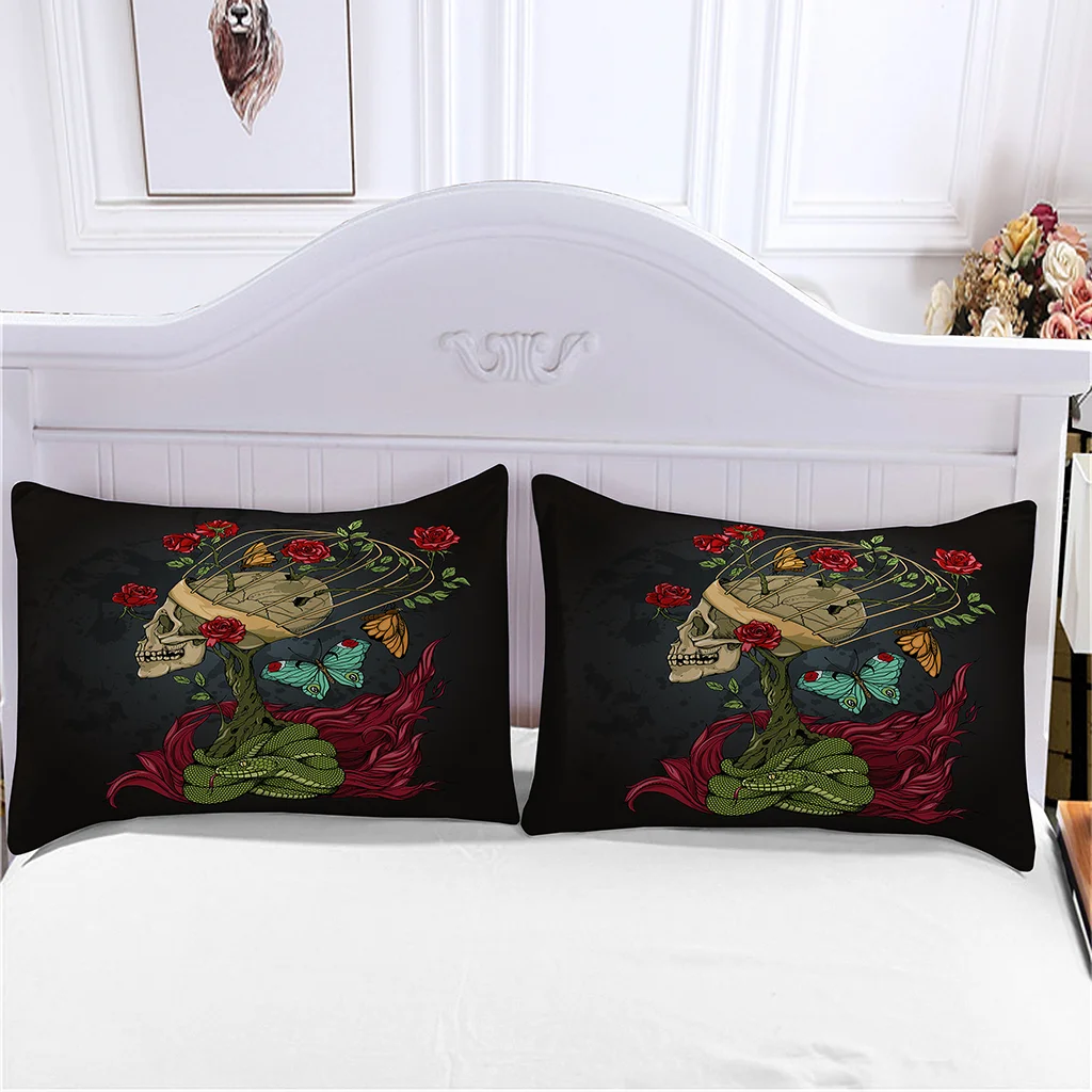 

Parure Lit Deux Personnes Conforter Set Queen Duvet Cover Funda De Almohada Skull with Flowers 3d Digital Printing Home Hotel