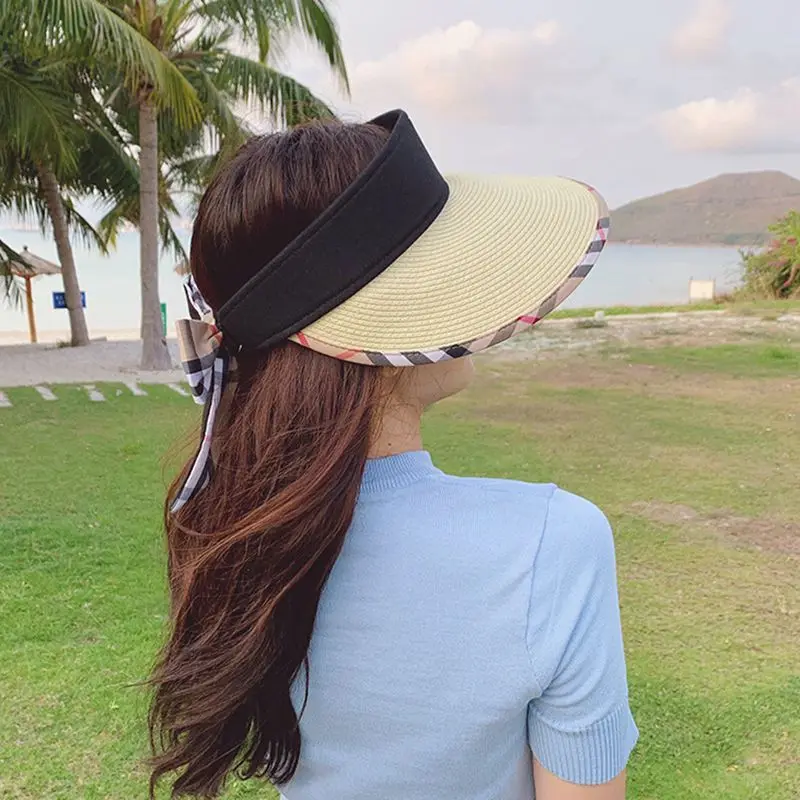 

New Fashion Summer Empty Top Checkered Straw Hat For Women Visor Elegant Ladies Wide Brim Foldable Sun Hat Breathable Anti-UV