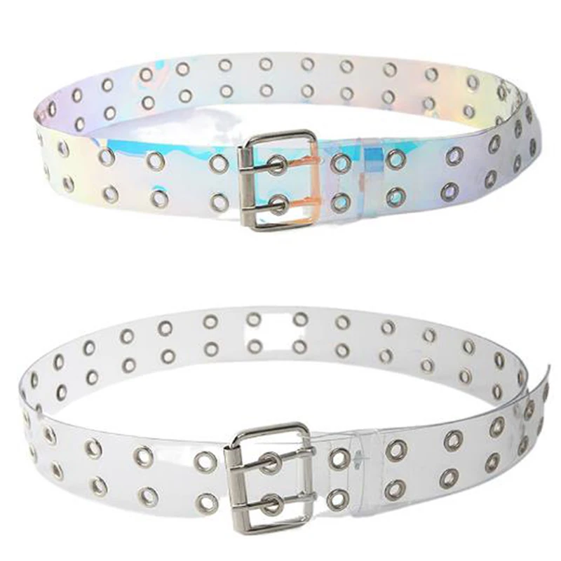 Женский двухрядный прозрачный ремень из ПВХ с пряжкой со штырьком белый для брюк