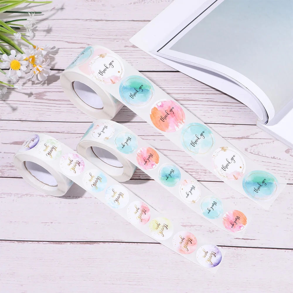 

500pcs/roll Watercolor Thank You Stickers Elegant Designs Gift Decoration Gold Foil Seal Labels Colorful Arts Sticker Business