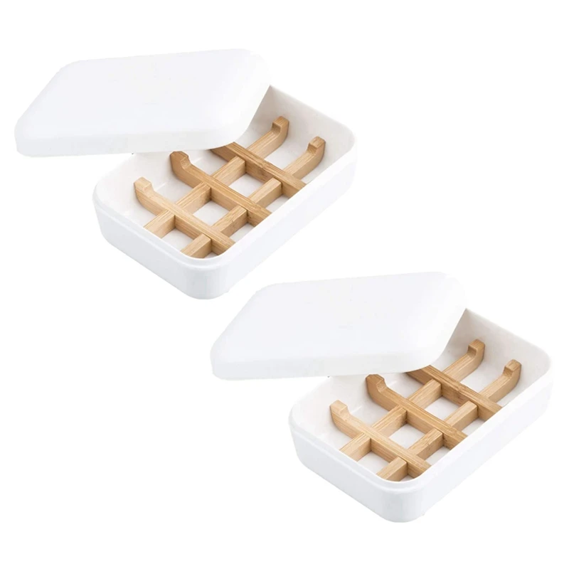 

2 Pack Wooden Soap Dishes with Lid for Bathroom Bar Soap Holder Shower Soap Box Sink Deck Bathtub Shower Tray (White)