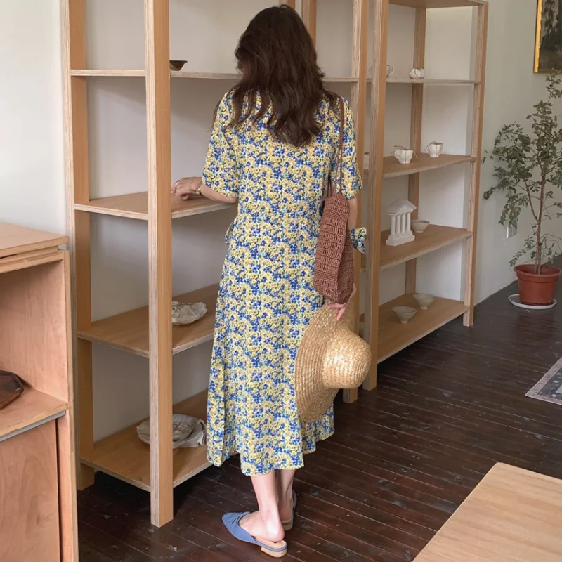 

2021 New Women Summer Vintage Floral Long Wrapped Shirt Dress Sashes V Neck Slim Fit Maxi Sundress