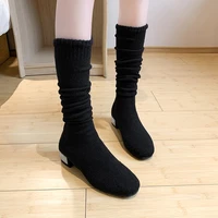 plus size 35 40 winter mid calf boots women stretch fabric thigh high sexy woman shoes boots long bota feminina zapatos de mujer