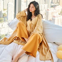 qweek cotton leopard three piece suit for women autumn robe sets sleepwear sling top with pants lounge set vintage yellow kimono