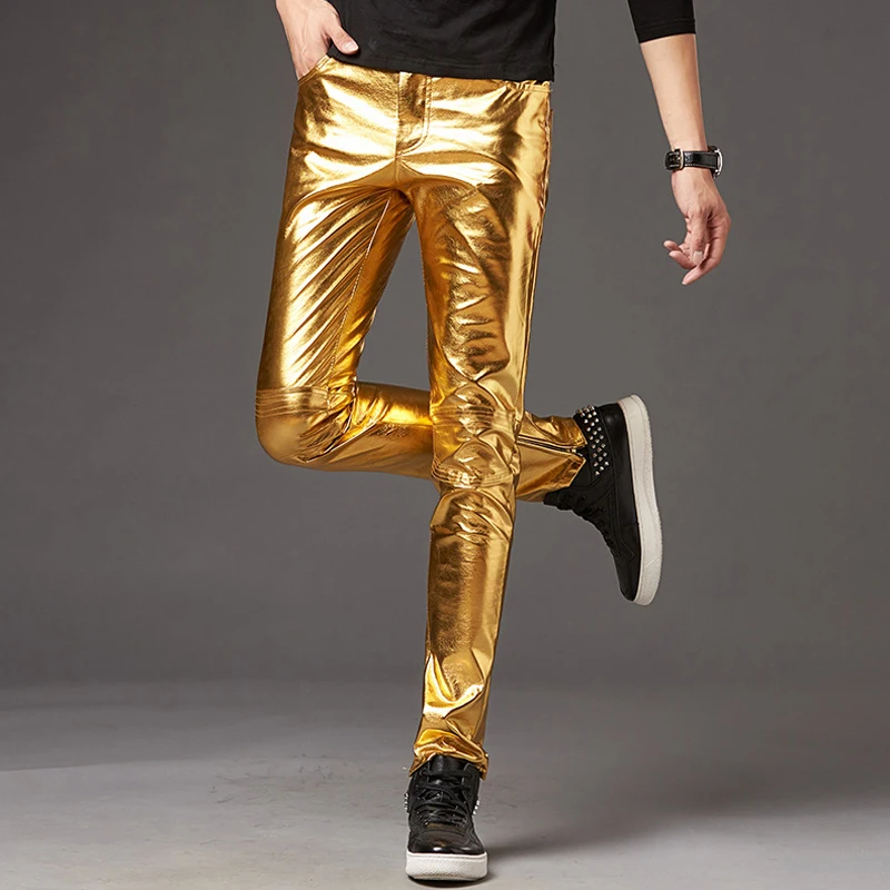Мужские брюки из искусственной кожи блестящие штаны стрейч костюм для