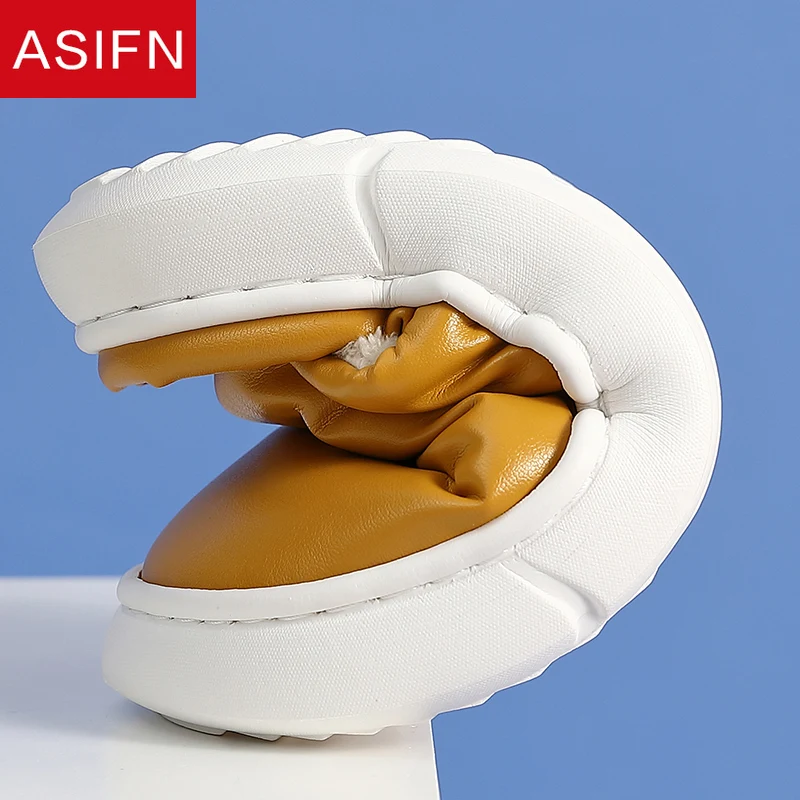 Тапки ASIFN из хлопка и ПУ для женщин водонепроницаемые зимние кожаные домашние